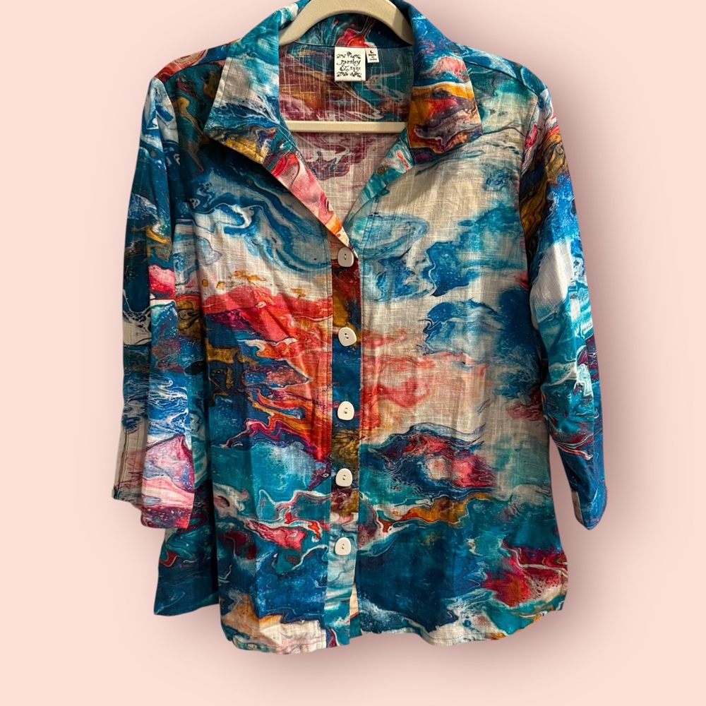 Parsley & Sage Abstract Art Print Button Up Cotton Shirt Colorful Boho Top